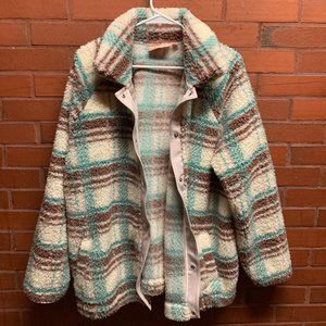EVRI plaid fleece jacket teddy sherpa white mint green pink brown gold buttons